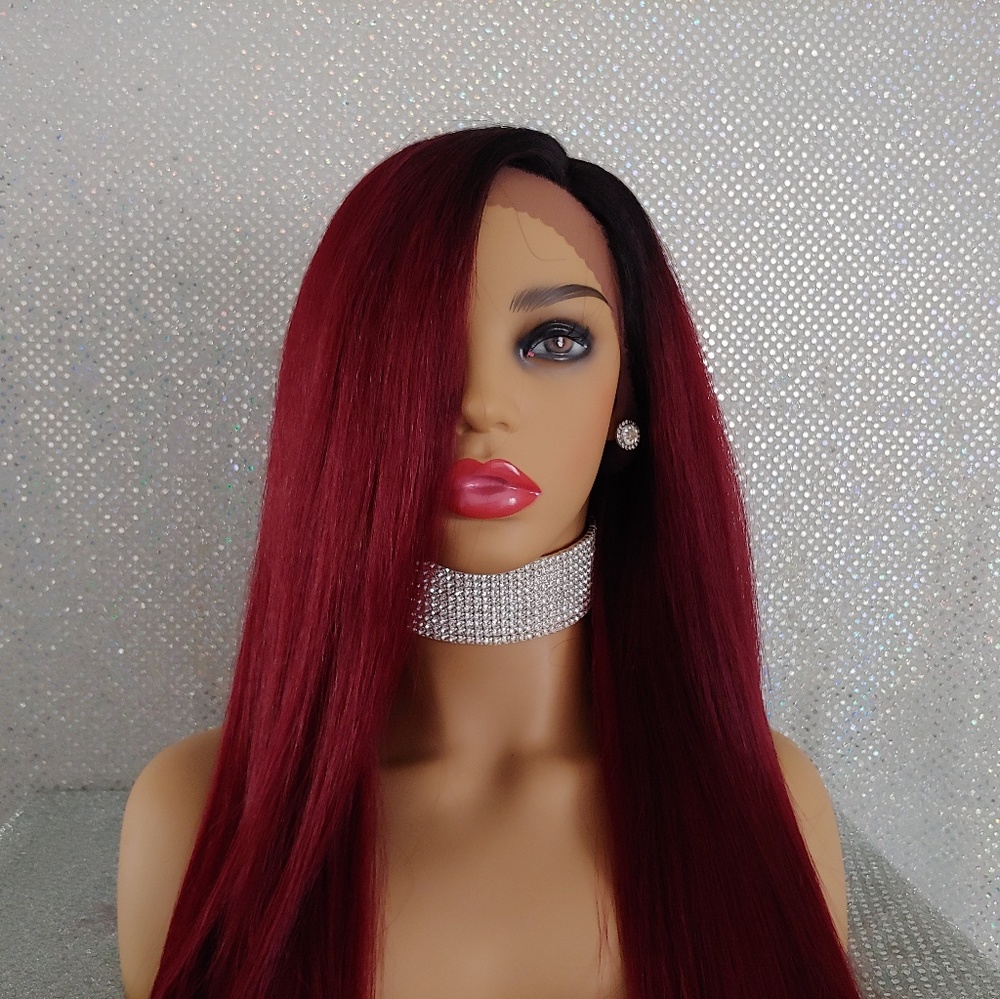 Long Burgundy wig with dark roots New without tags